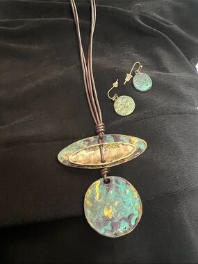 Artisan Turquoise Patina Pendant Necklace and Earring Set